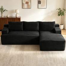 Compression-Boneless 95" L-Shaped Cloud Sectional Sofa With Oversized Chaise, Modular 3-Seater Corduroy Couch For Living Room & Bedroom, Deep Seat No Assembly Required - Black - View 13
