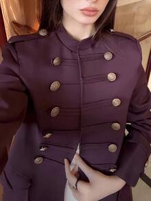 Burgundy Napoleon Style Short Jacket, Stand Collar Gold Button Military Officer Style Waist-Cinching Blazer - Burgundy - View 4