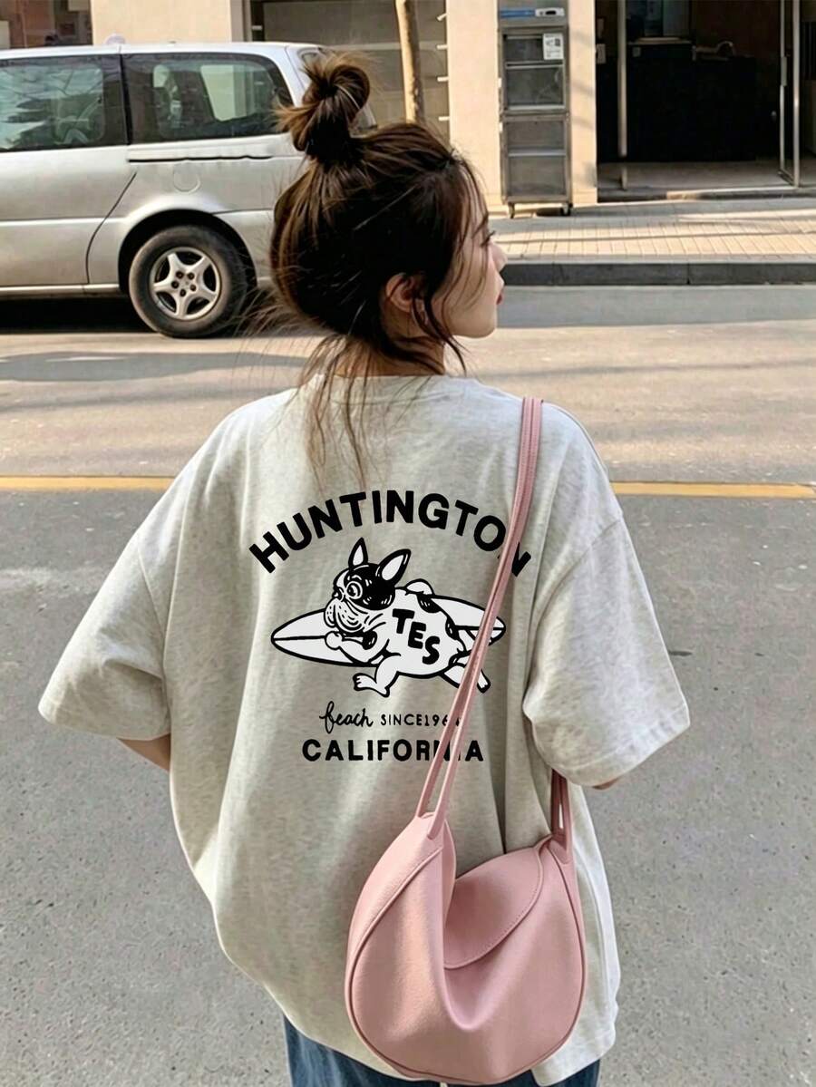 女款春夏純色圓領寬鬆百搭字母卡通狼狗印花短袖T恤休閒款 - 淺花灰 - 查看 1