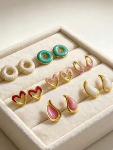 18pcs/9 Pairs Summer Gold Women's Earring Set, Including Hollow Heart Earrings, Teardrop Studs, Suitable For Daily, Vacation And Casual Wear, Elegant Stud Earrings, Industrial Piercing Jewelry - Oil Dripping Kit - View 6