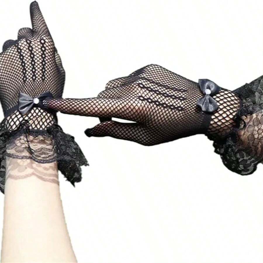1 Pair Women's Lace Bow Touchscreen Sun Protection Gloves, Thin Anti-Slip UV Gloves, Suitable For Driving, Cycling, Daily Outdoor, Bridal Wedding Accessories - White - View 1