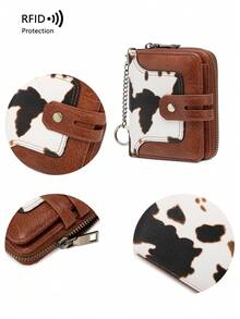 Hot-Selling New RFID Anti-Theft Women's Wallet With Chain Keychain, Colorblock Print Short Coin Purse - White - View 8