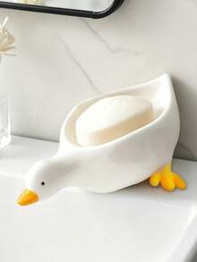 Duck-Shaped Soap Dish, Multi-Functional Cosmetic And Jewelry Storage Tray, White And Yellow Desktop Decor, Bathroom Accessory, Non-Slip Soap Holder, Vanity Storage Tray, Minimalist Home Essential, Bathroom Must-Have - Multicolor - View 7