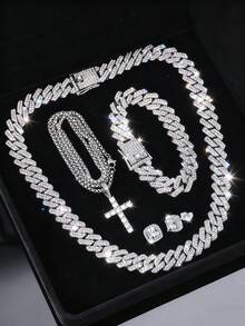 4pcs/Set Cuban Chain Necklace Bracelet Set, With Cross Pendant Necklace And Earrings, Men's Jewelry, Hip Hop Style Cool Jewelry Set, Men's Gift - A - View 3