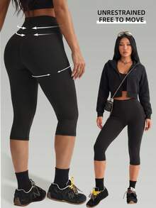 1pc Spring/Summer High Waist Butt Lifting 7/8 Yoga Pants Black High Elastic Fabric Tummy Control Slimming No Awkward Line Fitness Daily Commute Tight Sports 7/8 Pants - Black - View 1