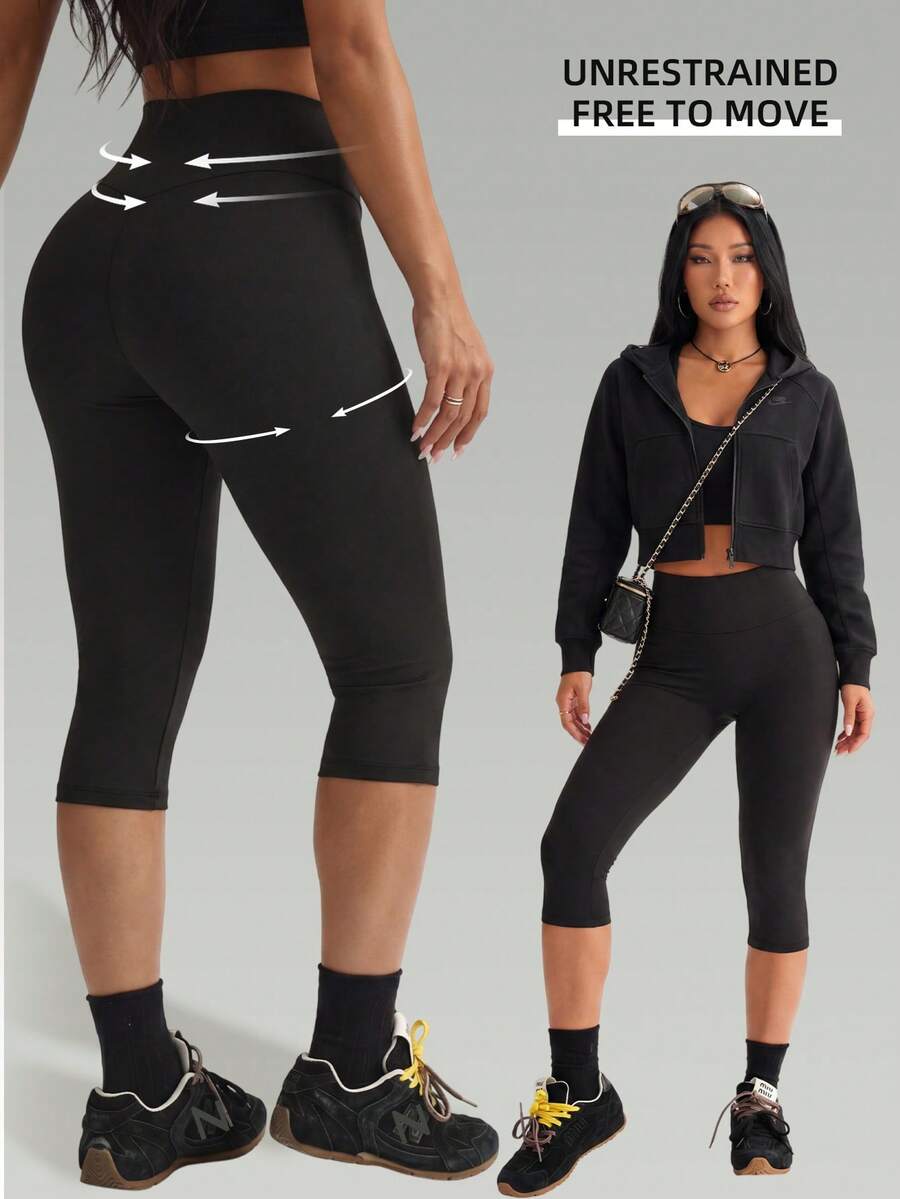 1pc Spring/Summer High Waist Butt Lifting 7/8 Yoga Pants Black High Elastic Fabric Tummy Control Slimming No Awkward Line Fitness Daily Commute Tight Sports 7/8 Pants - Black - View 1