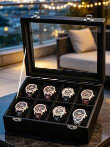 Velvet 8-Slot Watch Storage Box With Transparent Glass Lid, Luxury Watch Storage & Display Case, Watch Organizer, Jewelry & Watch Display Box - With Glass Lid - View 13