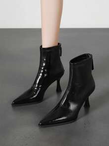 Women's Plus Size Black & Brown Two-Tone Ruched Shiny Elastic Pointed Toe Asymmetric Stiletto Heel Back Zipper Slim Fit Ankle Boots - Black - View 5