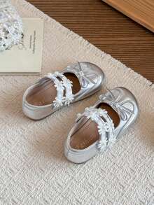 Girls' Flat Mary Jane Shoes With Lace Ties, Daisy And Pearl Flower Decor, Suitable For Daily Wear - Silver - View 6