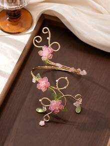 Bracelet de bras Fairycore à fleurs, manchette de bras supérieur en fil doré avec fleurs roses, papillon et goutte de cristal pour femmes, bijoux bohèmes de plage - jaune doré - Voir 3
