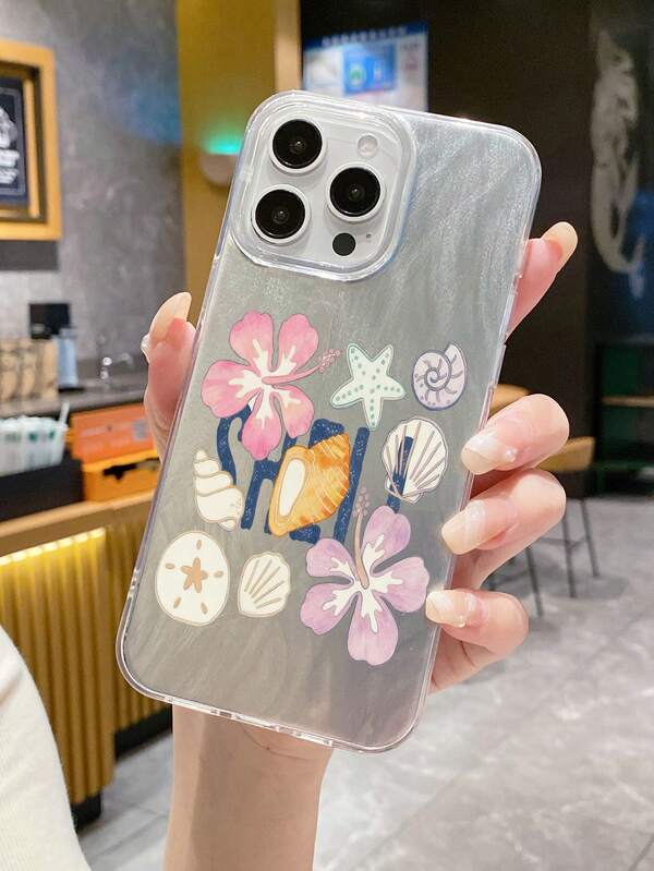 1pc Luxury Laser Feather Tulle Silver Shell, Starfish, Conch Pattern Phone Case, Classic Mixed Material, Shockproof, Anti-Slip, Full Protection Compatible With Apple Phones, Unique & Cute, High-End Fashion, Business Creative, Minimalist Personalized, Compatible With 16/16Pro/16Plus/16ProMax, 15/14, 13, 12, 11 Series, Halloween Decoration/Birthday Gift, Couple Style, Suitable For Girlfriend, Boyfriend, Friend Or Yourself