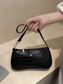 Bolso de hombro tipo baguette de unicolor con relieve de cocodrilo - Negro - Ver 6