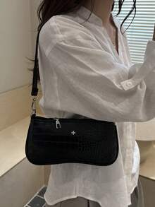 Bolso de hombro tipo baguette de unicolor con relieve de cocodrilo - Negro - Ver 9