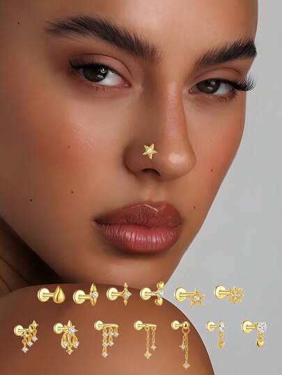 1pc S925 Sterling Silver Tassel Octagonal Star Rhombus Rhinestone Flat Head Threaded Nose Bone Stud European Style Nose Jewelry