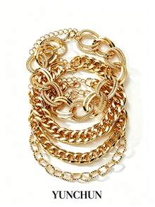 YUNCHUN 4pcs/Set Thick Chain Gold Layered Cuban Chain Set, Textured Paperclip Cuban Chain Fine Glitter Hollow Chain, Minimalist Versatile Metal Hand Jewelry - Gold - View 2