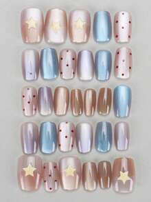 30pieces Press On Nails Short Square Cat Eye Press On Nails With Yellow Star And Polka Dot Pattern Shimmer Fake Nails Kit With Jelly Glue And Nail File False Nails Set For Women Girls Daily Wear Suitable For Gatherings, Festivals, And Daily Use - Multicolor - View 2
