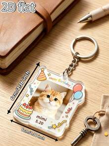 Customized Pet Birthday Photo Keychain, Editable Name And Date Birthday Frame Acrylic Pendant, Cute Commemorative Gift For Cat And Dog Owners - Multicolor - View 4