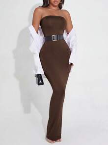 Women's Multi-Functional Strapless Bodycon Dress (Can Be Folded Into Skirt) - Chocolate Brown - View 6