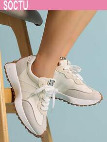 SOCTU Women's Round Toe Fashion Lace-Up Thick Sole Student Style Height-Increasing Casual Comfortable Running Sports Shoes - White - View 6