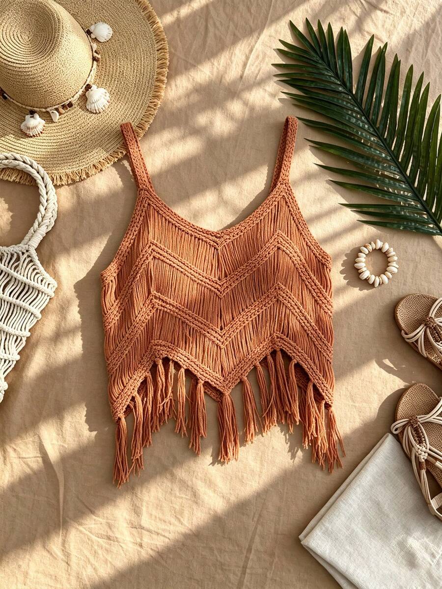 Customized Women Knit Fringe Strap Vest Tank Top, Hollow Out Beach Style Casual Summer