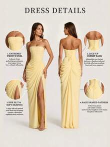 Bright Yellow Solid Color Elegant Sexy Chiffon High Slit Asymmetric Strapless Evening Dress Fall - Yellow - View 2