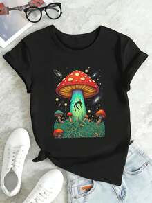 T-Shirt Psichedelica With Funghi E Galassia, Autunno, Fabric Of High Quality, Stamp Of , Casual, Traspirante. - Black - View 2