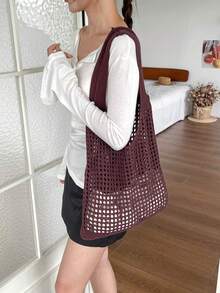 Casual Versatile Crochet Knit Large Capacity Shoulder Bag - Brown - View 9