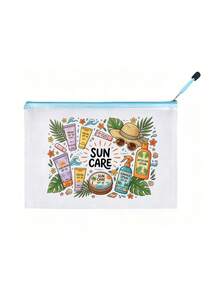 「SUN CARE」印花時尚防水 PVC 沙灘包，彩色字母印花，A4 尺寸，透明化妝包配尼龍拉鍊，適合游泳、潛水與夏季度假，輕量，年輕成人通用，沙灘包配件，旅行必需品，旅行配件，假期必需品，假期旅行包 - 彩色 - 查看 12