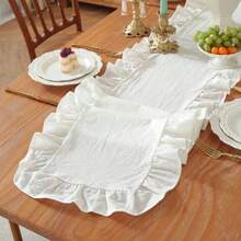 1pc French Vintage Solid Color Ruffle Table Runner, Cute Candy Color White Fabric Tablecloth, Suitable For Wedding, Festival, Party - Multicolor - View 5