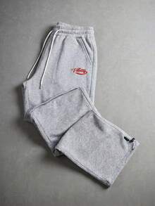 MAISONFOX Men's Grey Patchwork Loose Pants, Red Letter Print, Drawstring Waist, Adjustable Hem, Cargo Pants, Retro Hip-Hop Style Sweatpants - Light Grey - View 5