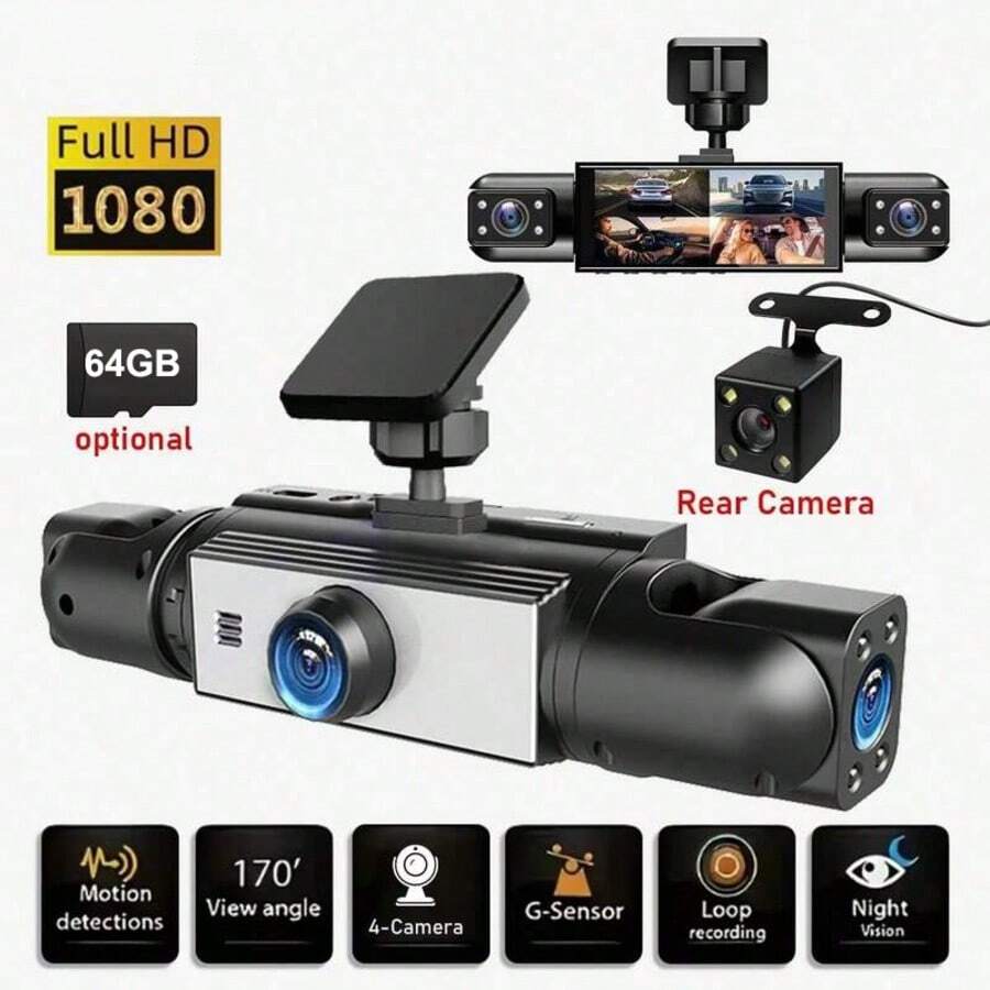 Dash Cam, 4-Channel Black Box Dash Cam, Car Dash Cam, Left/Right/Front/Rear Camera, Wide Angle, Adjustable Lens, Loop Recording, Night Vision, 150mAh Battery