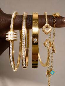 18K Gold Plated Women's High-End Lucky Stackable Bracelet With Colorful Lucky Bracelet, 304 Stainless Steel Waterproof Hypoallergenic, Gift For Girlfriend, Best Friend, Mom, Wife, Daily Versatile Commute Women's Jewelry Set - Gold - View 2