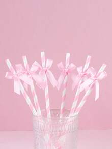Pink Striped Satin Bow Paper Straws, Disposable Decorative Drinking Straws For Bridal Shower Birthday Wedding Party Table Supplies - Striped Bow Style - View 2