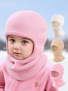 1pc Solid Color Baby Winter Knitted Balaclava Hat, Cute Double Pom Pom Design, Elastic Soft Neck Warmer, Suitable For Baby Daily Outdoor Skiing - 1PC - View 6