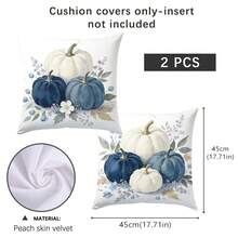 2 Stücke Herbst Minimalistischer Pastoraler Stil Blau & Weiß Kürbis Blumen Kissenbezüge, einseitig Muster, hautfreundliches Pfirsichhaut-Samtmaterial, 45*45CM Kissenbezüge geeignet für Wohnzimmer, Schlafzimmer, Innendekoration, Party, Sofa Dekoration, dekorative Kissenbezüge, Feiertagsgeschenk, ohne Kissenfüllung - Verschiedenfarbig - Übersicht 2