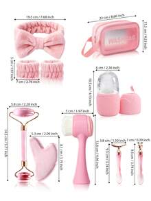 2/3/4/6/10/11件組女性面部美容按摩與護膚工具套組，三角刮痧板、雙頭滾輪按摩棒、面部與眼部按摩棒、眼霜按摩棒、面部冰敷工具、洗臉刷、洗臉髮帶與腕帶、盥洗用品收納袋，大容量面部護理工具套裝 - 彩色 - 查看 2