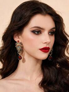 1 Pair Luxury Leopard Head Crown Stud Earrings With Red Teardrop Rhinestones, Vintage Distressed Gold Texture Women's Party Earrings Daily Accessories - Multicolor - View 3