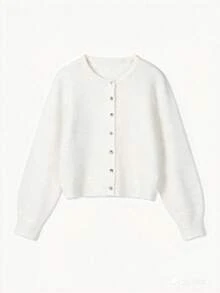 Plus Size Women's Spring/Autumn/Winter New White Round Neck Single-Breasted Knit Cardigan, Casual Y2K Style, Suitable For Daily Commute Wear - White - View 5