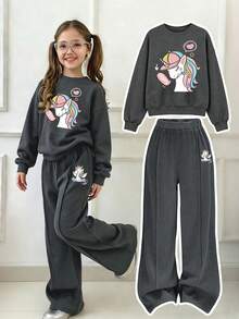 Girls Cartoon Print Crew Neck Sweatshirt And Loose Long Pants Set - Dark Grey - View 1