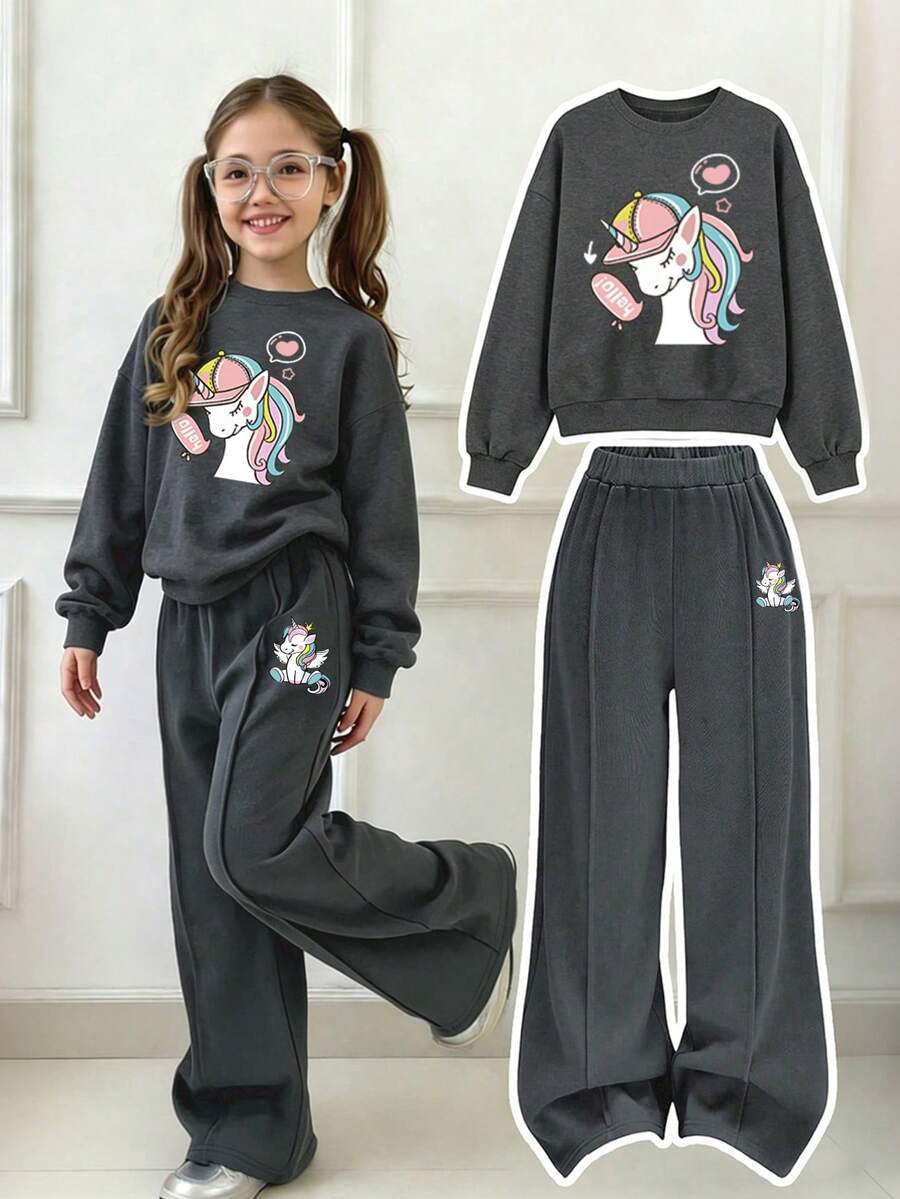 Girls Cartoon Print Crew Neck Sweatshirt And Loose Long Pants Set - Dark Grey - View 1