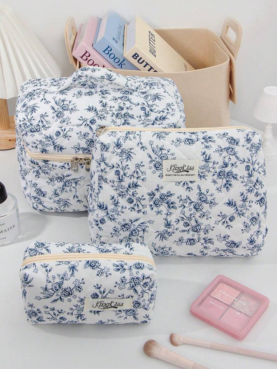3pcs Blue Vintage Floral Quilted Makeup Bag Set, Portable Travel Toiletry Bag, Soft Zipper Makeup Organizer Bag, Small Pencil Case, Vintage Elegant Floral Print Bag, Suitable For Women's Daily Makeup, Skincare, Stationery And Travel Use - Beauty and Makeup Bag - View 1