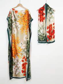 1件女款仿絲花卉印花披肩式睡袍小圍巾套裝，外穿裝飾海灘罩衫，防曬防風抗UV，日常穿搭 - 彩色 - 查看 1