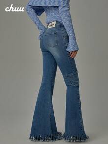 Chuu Celana Jeans Model Flare dengan Banyak Saku dan Rumbai untuk Musim Gugur - Biru - View 4