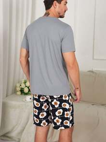 Men's Summer Pajama Set, Round Neck Simple Fried Egg Print Short Sleeve & Shorts Loungewear - Multicolor - View 3