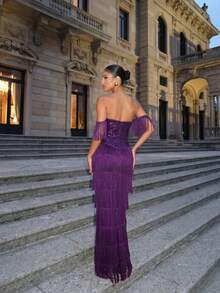 LOVE&LEMONADE Purple Off-Shoulder Sequin Tassel Long Evening Gown - Purple - View 6