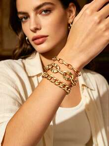 3pcs/Set Multi-Layer Thick Line Geometric Exaggerated Bracelet Set, Vintage Fashion Geometric Chunky Chain Bracelet Combination, Suitable For Daily Wear, Party, Date And Vacation - Gold - View 1