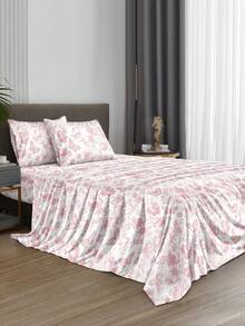 4-Piece Pink Floral Butterfly Pattern Bedding Set Includes 1 Fitted Sheet, 1 Flat Sheet And 2 Pillowcases, Pillow Inserts Not Included. Fitted Sheet Set, Size Options: King, Queen, Full, Twin. Fitted Sheet Deep Pocket Design, Fits Up To 11.8 Inch Mattress. Soft And Breathable, Wrinkle-Resistant - Pink - View 4