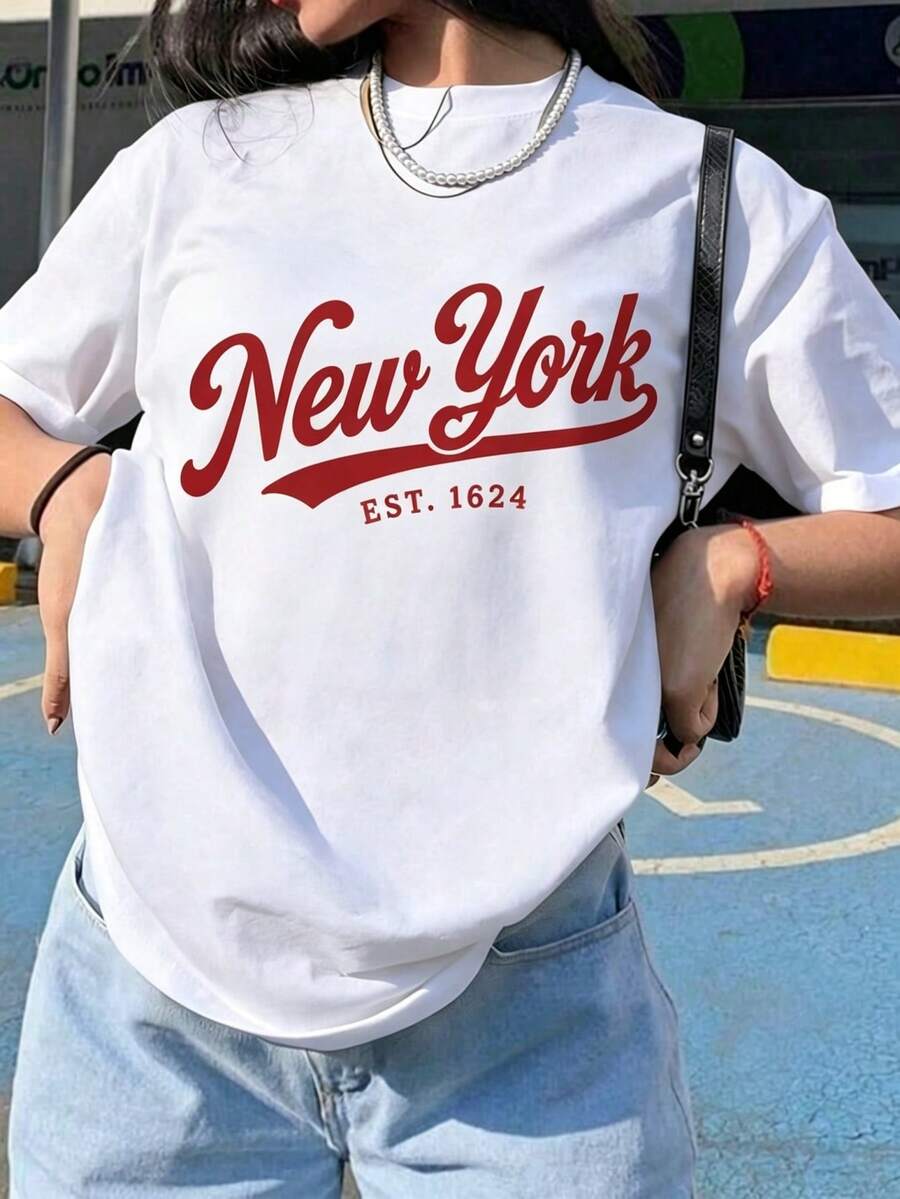 Women Oversized Crew Neck Short Sleeve T-Shirt Classic Cursive New York Letter Print Soft Cotton Casual Basic Tee Daily Streetwear Vacation Top - 白色_1 - 查看 1