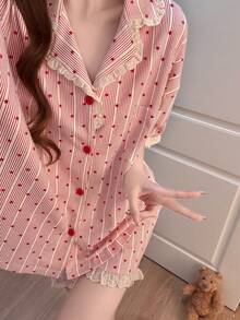 3pcs Women's Pajama Loungewear Set, Cardigan With Front Pocket, Star Print Short Sleeve, Shorts + Long Pants, All Season - Pink - View 6