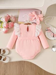 Baby Girl 2pcs Set Casual Cute Knitted Fleece Letter Embroidery Ruffle Bow Decor Bodysuit With Headband, Suitable For Daily Wear And Party - Pink - View 4